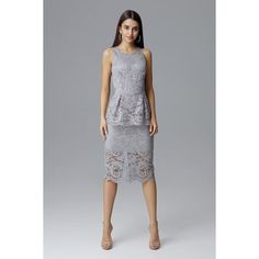 A sleeveless lace dress, a fitted top finished with a basque. The bottom of the dress is straight, lined and fastened with a concealed zipper. This is a typical model for evening occasions. Spandex 5 % Polyester 95 % Size Lenght Hips Chest Waist L 116 cm 104 cm 100 cm 82 cm M 115.5 cm 100 cm 96 cm 78 cm S 115 cm 96 cm 92 cm 74 cm XL 115.5 cm 108 cm 104 cm 86 cm Feminine Sleeveless Cocktail Dress, Feminine Sleeveless Evening Dress For Party, Feminine Sleeveless Cocktail Evening Dress, Elegant Sleeveless Evening Dress With Lace Trim, Feminine Lace Bodice Dress For Night Out, Sleeveless Lace Dress For Gala, Sleeveless Lace Dress With Scalloped Lace For Evening, Elegant Summer Evening Lace Dress, Elegant Summer Lace Evening Dress