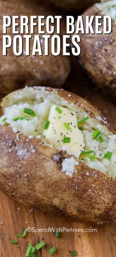 baked potatoes on a wooden cutting board with text overlay