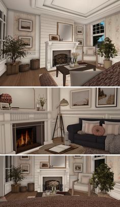 three different views of a living room with couches, fireplace and pictures on the wall