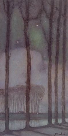 a painting of trees and snow in the woods