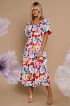 Floral Dress Pink, Puff Sleeve Midi Dress, Beautiful Floral Dresses, Tiered Midi Skirt, Baltic Born, Yellow And Purple, Pink Blue Yellow, Red Midi Dress, Sleeve Midi Dress