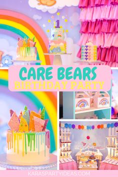 there is a collage of pictures with cake bears and rainbows in the background