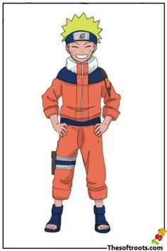 the character naruto is wearing an orange jumpsuit and blue shoes, with his hands on his hips