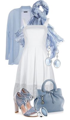 "white and blue" by sagramora ❤ liked on Polyvore White Dress With Jacket Outfit, Fest Outfits, Chique Outfits, Blue Outfit, Summer Style Casual, Complete Outfits, Outfits Fashion, Outfits Casuales, Spring Outfit