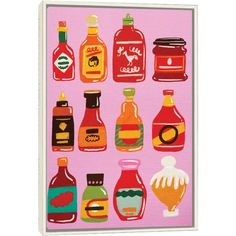 a pink background with bottles and sauces painted on it's sides, all in different colors