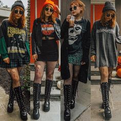 Fits With Boots, Alternative Fall Outfits, Vestidos Goth, Ripped Fishnets, Outfit Punk, October First, Alt Summer, Grunge Outfits Fall, Band Tee Outfits