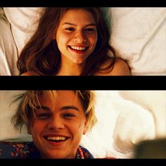 two pictures of a young man and woman laughing in the same bed, one smiling at the camera