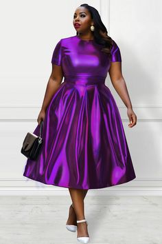 Xpluswear Design Plus Size Party Midi Dresses Elegant Silver Fall Winter Crew Neck Short Sleeve Fold A-Line Metallic Glitter Fabric Midi Dresses Pink And Purple Dresses, Womens Purple Dress, Purple Church Dress, Metallic Knee-length Party Dress, Purple Dress Formal Classy, Purple Dress Aesthetic, Elegant Purple Dress, Plus Size Gala Dress, Purple Dress Outfit