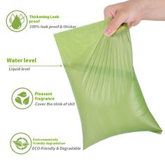 a person holding a green bag with instructions on how to use it