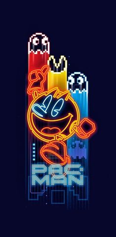 an image of a neon sign with pacman and other characters on it's side