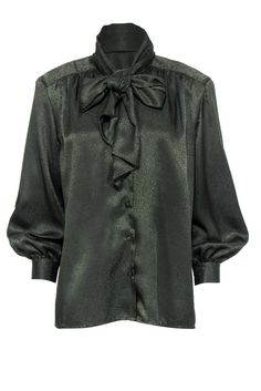 Current Boutique-Doncaster - Army Green Textured Button-Up Blouse w/ Neck Tie Sz 10 Elegant Semi-formal Blouse With Button Closure, Elegant Semi-formal Tie Neck Blouse, Elegant Tie Neck Blouse For Semi-formal Occasions, Elegant Tie Neck Blouse For Semi-formal Events, Chic Formal Tops With Button Closure, Elegant Office Blouse With Button Closure, Elegant Formal Blouse With Bow, Elegant Blouse With Buttons, Chic Formal Blouse With Buttons