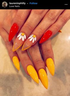 Yellow Red Nails Art Designs, Groovy Retro Nails, 70s Nails Retro Almond, 70s Retro Nail Art, 70’s Nail Designs, 70s Floral Nails, 70s Vibe Nails, Yellow Orange Nails Design, Groovy Nails Art Designs