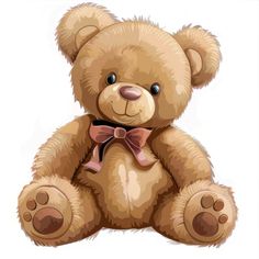 a brown teddy bear with a pink bow tie on it's neck sitting down