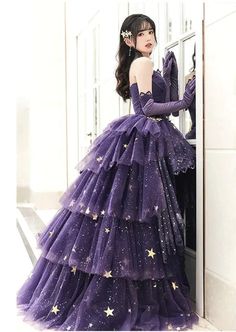 Elegant Purple Stars A-Line Prom Dress Love Elegant Purple Star Lolita Drawing Tut, डिजाइनर कपड़े, Red Lace Prom Dress, Burgundy Homecoming Dresses, Purple Stars, Dj Dance, Event Fashion, Drinks Bar, Clothes Reference