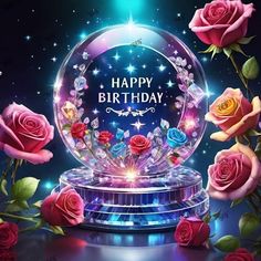 a birthday card with roses and a crystal ball