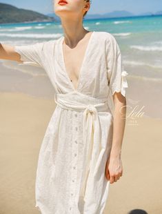 White Floral Cotton Dress - Etsy Vietnam White Fitted Midi Dress With Tie Waist, Fitted White Midi Dress With Tie Waist, Elegant Short Sleeve Wrap Dress For Beach, White Short Sleeve Maxi Dress With Tie Waist, White Maxi Dress With Tie Waist And Short Sleeves, Summer Wedding Midi Wrap Dress, Elegant Fitted Wrap Dress For The Beach, Fitted A-line Linen Beach Dress, Elegant White Beach Wrap Dress