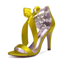 Category:Wedding Shoes,Heels; Upper Materials:Satin; Embellishment:Ribbon Tie,Bowknot,Crystal,Rhinestone; Season:Summer; Heel Type:High Heel; Gender:Women's; Toe Shape:Open Toe; Type:Bridal Shoes,Wedding Sandals; Style:Luxurious,Elegant; Heel Height(inch):3-4; Outsole Materials:Rubber; Occasion:Party,Wedding; Closure Type:Lace-up; Pattern:Solid Colored,Solid Color; Shipping Weight:0.848; Production mode:Self-produce; 2023 Trends:Stilettos,Dress Shoes; Foot Length:; Size chart date source:Provide Beach Dresses Casual, Lace High Heels, Elegant High Heels, Sparkle Shoes, Bling Shoes, Bridal Heels, Rhinestone Embellishments, Wedding Sandals, Womens Wedding Shoes