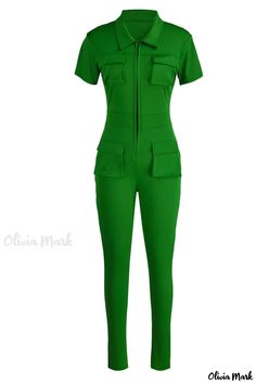 Olivia Mark - Green Womens Jumpsuit with Collar, Patchwork Design and Convenient Pocket for Daily Wear Jumpsuit Fitted, Collar Jumpsuit, Jumpsuit Casual, Plus Size Two Piece, Vintage Summer Dresses, Jumpsuit Online, Green Jumpsuit, Plus Size Fits, Plus Size Jumpsuit