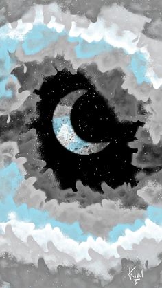 the moon is in the cloudy sky with clouds and water around it, as well as an abstract painting