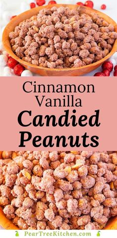 cinnamon vanilla candied peanuts in a wooden bowl on top of a white and pink plate