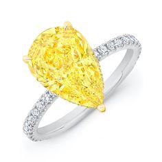 a yellow and white diamond ring with diamonds around it on a white background, in the shape of a pear