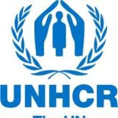 the un refuge agency logo with two people standing in front of an open door and laurel wreath