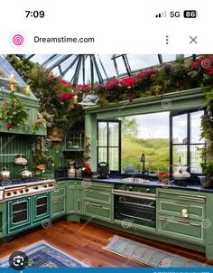 a green kitchen with lots of plants growing on the wall and windows over the stove