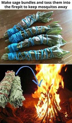 two pictures with different types of fire and some type of something in the middle one has blue yarn wrapped around it