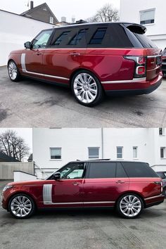 two pictures of a red range rover parked in a parking lot