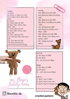 the instructions for how to make a teddy bear with crochet pattern on it