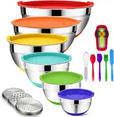 various colored bowls and utensils with spoons