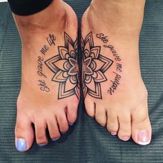 two feet with tattoos on them, one has a flower and the other has a quote