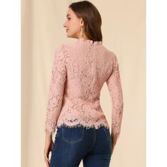 Add a bit of femininity to your look with the ruffle round-neck lace top. It features a long sleeve form, a ruffle neck, and lace fabric. It perfectly matches everyday jeans and skirts for a weekend casual look. A lace top puts a feminine spin on any day or night look with a charming feminine silhouette. Good options for parties, sweet dating, shopping, festivals, banquets, office outfits, casual wear, and daily outfits. Feminine Long Sleeve Lace Top, Elegant Long Sleeve Lace Top, Feminine Long Sleeve Crochet Lace Top, Feminine Long Sleeve Lace Top With Lace Cuffs, Pink Long Sleeve Tops With Lace Patchwork, Pink Long Sleeve Top With Lace Patchwork, Scalloped Lace Long Sleeve Party Tops, Pink Ruffled Lace Top, Pink Lace Top With Ruffles