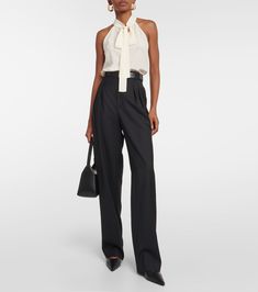 Elegant Evening Pantsuit With Ankle-length Pants, Elegant High-waisted Pantsuit For Formal Occasions, Elegant Formal Pantsuit With High-waisted Pants, Elegant Wide-leg Pantsuit For Formal Occasions, Elegant Formal Pantsuit With Wide-leg Pants, Timeless Tailored Wide Leg Office Pants, Timeless Tailored Wide Leg Pants For Office, Chic Formal Dress Pants With Pressed Crease, Chic Ankle-length Wool Dress Pants