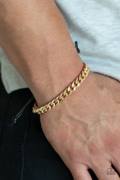 Paparazzi Throwdown Gold Men's Sliding Knot Bracelet Mens Bracelet Gold Jewelry, Man Gold Bracelet Design, Sliding Knot Bracelet, Adjustable Sliding Knot, Paparazzi Accessories Jewelry, Sliding Knot Closure, Gold Curb Chain, Mens Chain Bracelet, Mens Gold Jewelry