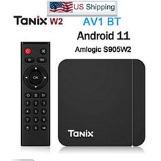 an image of the new android tv box with remote control and us shipping sticker