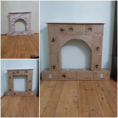 four different pictures of a fireplace made out of cardboard boxes