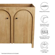 the wooden cabinet has two doors and is open to show what's inside it