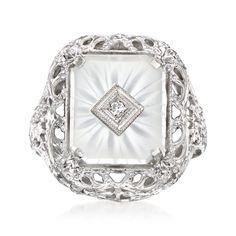 Ross-Simons - C. 1950 Vintage 2.00ct Rock Crystal Filigree Ring, Diamond Accent in 10kt White Gold. Size 7. C. 1950. Boasting a fabulous frosty look, this Estate collection ring is a true Retro-era treasure with its fine filigree work. A 2.00 carat rectangular rock crystal centerpiece is elegantly etched and centered by a sparkling diamond accent. Set in polished 10kt white gold with intricate openwork throughout the sizable 2" wide design. Rock crystal filigree ring. Exclusive, one-of-a-kind Es Vintage White Gold Signet Ring With Center Stone, White Diamond Gemstone Ring In Art Deco Style, Vintage Diamond White Cluster Ring With Diamond Cut, Vintage White Gold Signet Ring, Vintage Diamond Cut Signet Ring For Wedding, Vintage Diamond Signet Ring, Classic Filigree Ring With 17 Jewels For Wedding, Vintage Signet Ring For Anniversary With Round Cut, Oval Filigree Ring With 17 Jewels For Anniversary