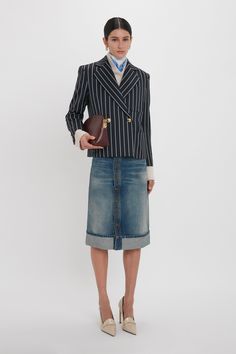 With a boxy fit, this double-breasted jacket is balanced by the feminine shape of a cropped silhouette. Exaggerated details such as an extra-wide lapel and collar imbue it with contemporary flair, while lustrous gold buttons at the centre front and cuffs add additional polish. Front patch pockets and a single chest pocket complete the look. Styled with the Cropped Long Sleeve Shirt, Wrap Detail Jumper, Placket Detail Denim Skirt, Foulard, Frame Stud Earrings and the Victoria Clutch Bag Victoria Scarf Frame, Vintage Indigo, Double Breasted Jacket, Denim Branding, Denim Details, Knee Length Skirt, Thom Browne, Blazer Coat, Gold Buttons