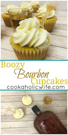 boozy bourbon cupcakes with white frosting on top