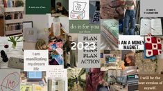 a collage of images with words and pictures on them that include books, laptops, magazines, papers, and other things