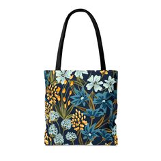 Beautiful floral all purpose Tote Bag. Wildflower design fashionable tote bag.  This practical, high-quality tote bag is available in three sizes. All-over print provides comfort with style at the beach or out in town. Made from reliable materials, lasting for seasons. .: Made with 100% polyester, a medium-weight fabric (6.49 oz/yd² (200 g/m that is highly durable and perfect for everyday use.  .: All tote bags come with a non-woven laminate inside and are available in 3 sizes (1x large storage compartment) so that you can match your customers' needs.  .: Black cotton handles Green Floral Print Tote Bag, Floral Print Everyday Shoulder Bag, Floral Print Tote Shoulder Bag, Everyday Floral Print Tote Shoulder Bag, Floral Print Tote Shoulder Bag For Everyday, Floral Print Shoulder Bag For Shopping, Everyday Floral Print Shoulder Bag, Everyday Floral Print Tote Bag, Floral Print Double Handle Travel Bag