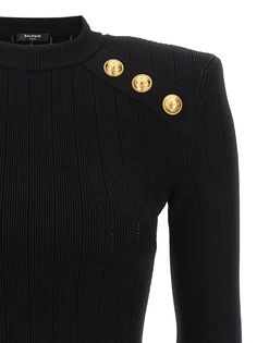 83% Viscose, 17% Polyester | Balmain Women's Crew-neck Sweater With Buttons in Black | SS24 Balmain Sweater, Sweater With Buttons, Balmain Blazer, Latest Sweater, Button Sweater, Cap Sleeve Top, Pierre Balmain, Sweaters Knitwear, Couture Collection