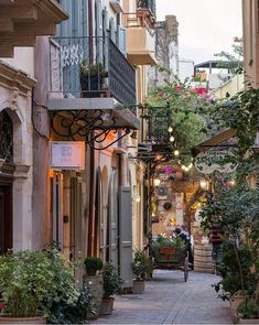 an alleyway with potted plants and hanging lights