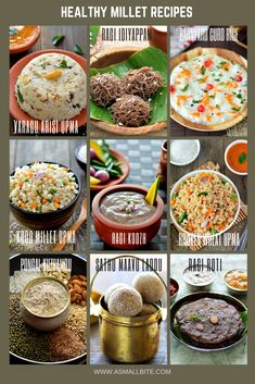 many different types of food are shown in this collage with the words healthy millet recipes