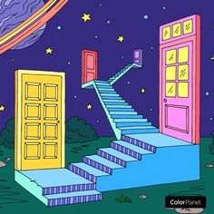 an open door and stairs leading to another one in the sky with stars above it