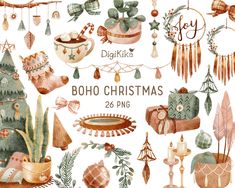 watercolor boho christmas clipart set with ornaments, trees and other items to decorate