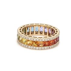 Dainty Rainbow Band Ring, Full Eternity Band, Gold Stacking Ring, Natural Sapphire Stackable Ring, Multicolor Ring, Sapphire & Diamond Ring Item Description  Metal : 925 sterling silver  Style : Art Deco Main Stone  : Multi Sapphire Stone Shape : Princess Stone Size : 3mm Color : Multi Color Stone Weight : 4.80Ct (Approx.) Silver Weight : 1.50 gm ( approx. ) This Ring Is Available In All Sizes Perfect for Wedding, Engagement, Cocktail, Party, Anniversary, Birthday, Christmas, Valentine's Day, St Rainbow Band, Rainbow Gemstones, Sapphire Band, Rainbow Jewelry, Multi Sapphire, Rainbow Bracelet, Eternity Band Ring, Gold Ring Stack, Sapphire Diamond Ring