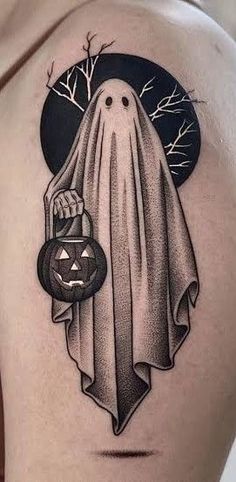 a woman's back with a ghost holding a pumpkin